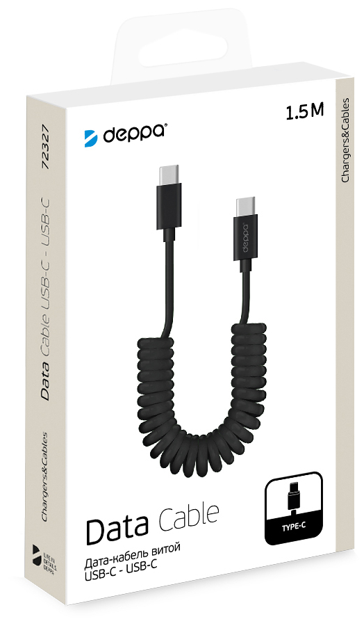 Кабель Deppa USB-C - USB-C, витой, 1.5 м черный 72327 - фото 2