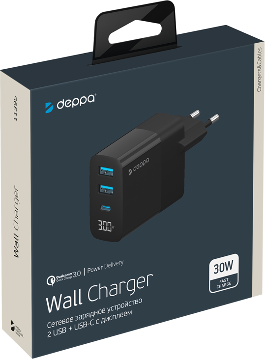 Сетевое зарядное устройство Deppa Сетевое зарядное устройство Deppa USB-A x 2 + USB-C, PD, QC 3.0, 30 Вт черный фото 2