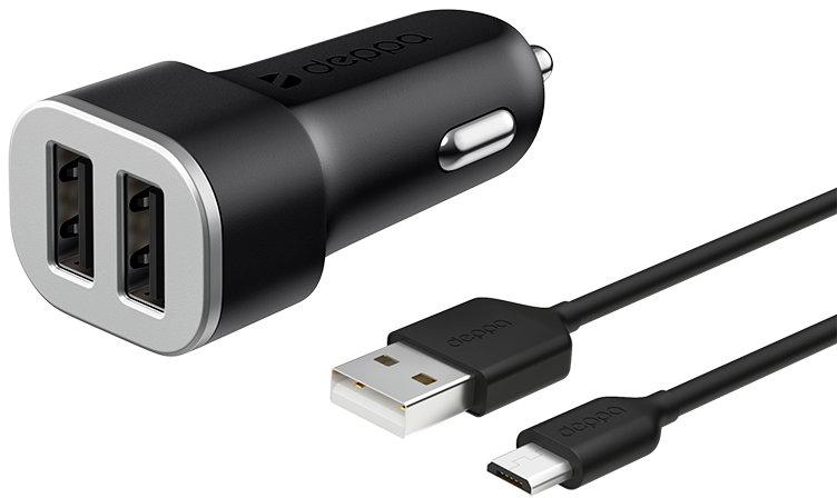 Автомобильное зарядное устройство Deppa 2xUSB, 2.4 А + кабель micro USB черный