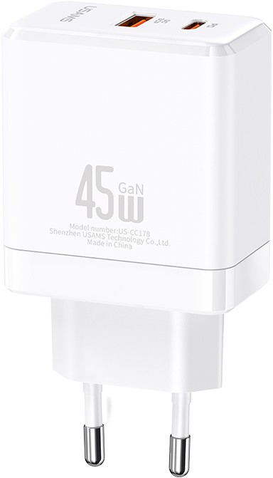 Сетевое зарядное устройство USAMS US-CC178 T58 USB-A + USB-C, PD, 45 белый YT000035990