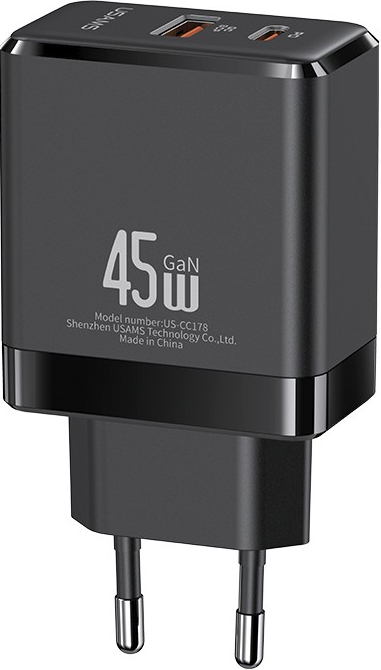 Сетевое зарядное устройство USAMS US-CC178 T58 USB-A + USB-C, PD, 45 черный YT000035989 US-CC178 T58 USB-A + USB-C, PD, 45 черный - фото 1
