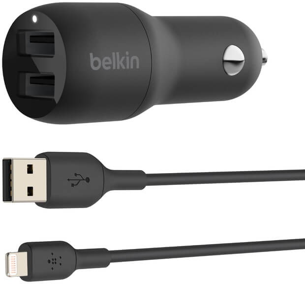 Автомобильное зарядное устройство Belkin 2 x USB-A, 12Вт x 2, кабель Lightning 1 м черный CCD001bt1MBK
