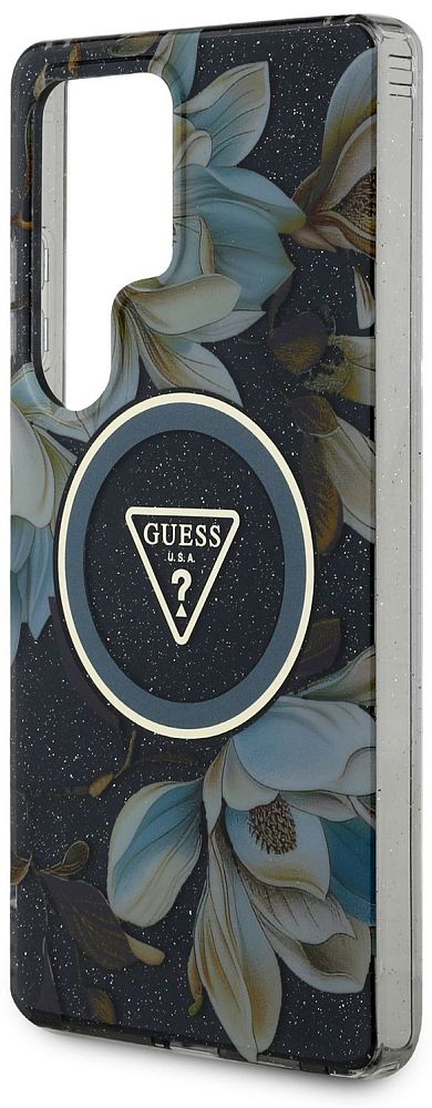 Чехол Guess Glitter Flowers Triangle MagSafe для Galaxy S25 Ultra черный