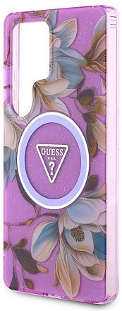 Чехол Guess Glitter Flowers Triangle MagSafe для Galaxy S25 Ultra фиолетовый