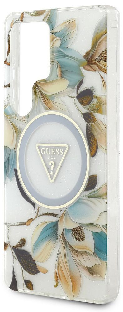 Чехол Guess Glitter Flowers Triangle MagSafe для Galaxy S25 Ultra белый