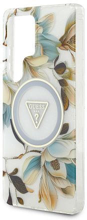 Чехол Guess Glitter Flowers Triangle MagSafe для Galaxy S25 Ultra белый