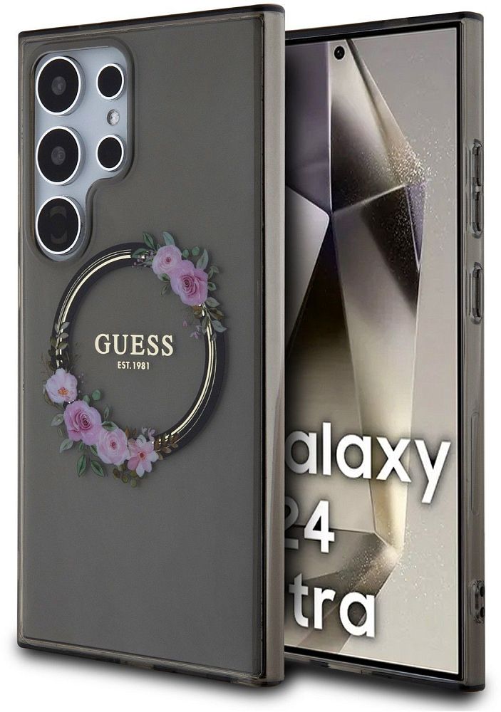 Чехол Guess Flowers Wreath MagSafe для Galaxy S24 Ultra черный