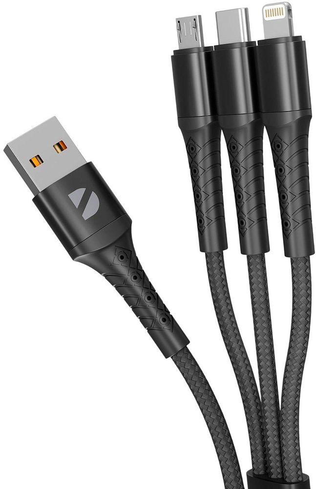 Кабель Deppa Armor 3 в 1 USB-A - micro-USB/USB-C/Lightning, 2м черный