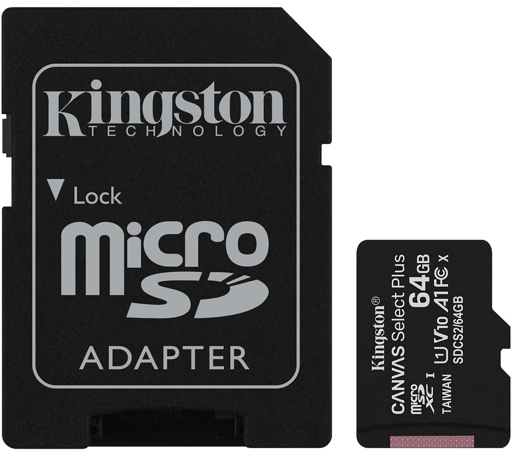 Карта памяти Kingston Canvas Select Plus 64ГБ, CL10 с адаптером SDCS2/64GB, цвет черный