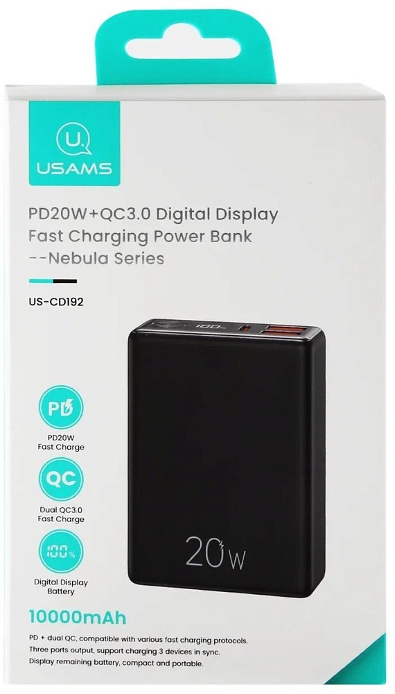 Внешний аккумулятор USAMS Внешний аккумулятор USAMS Usams US-CD192 USB-A + USB-C, 10000mAh, PD, QC черный фото 4