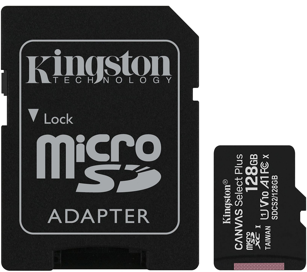 Карта памяти Kingston Canvas Select Plus 128ГБ, CL10 с адаптером SDCS2/128GB, цвет черный