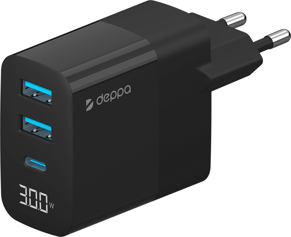 Сетевое зарядное устройство Deppa USB-A + USB-C, PD, QC 3.0, 30 Вт черный 11395