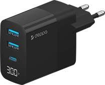 Сетевое зарядное устройство Deppa USB-A x 2 + USB-C, PD, QC 3.0, 30 Вт черный